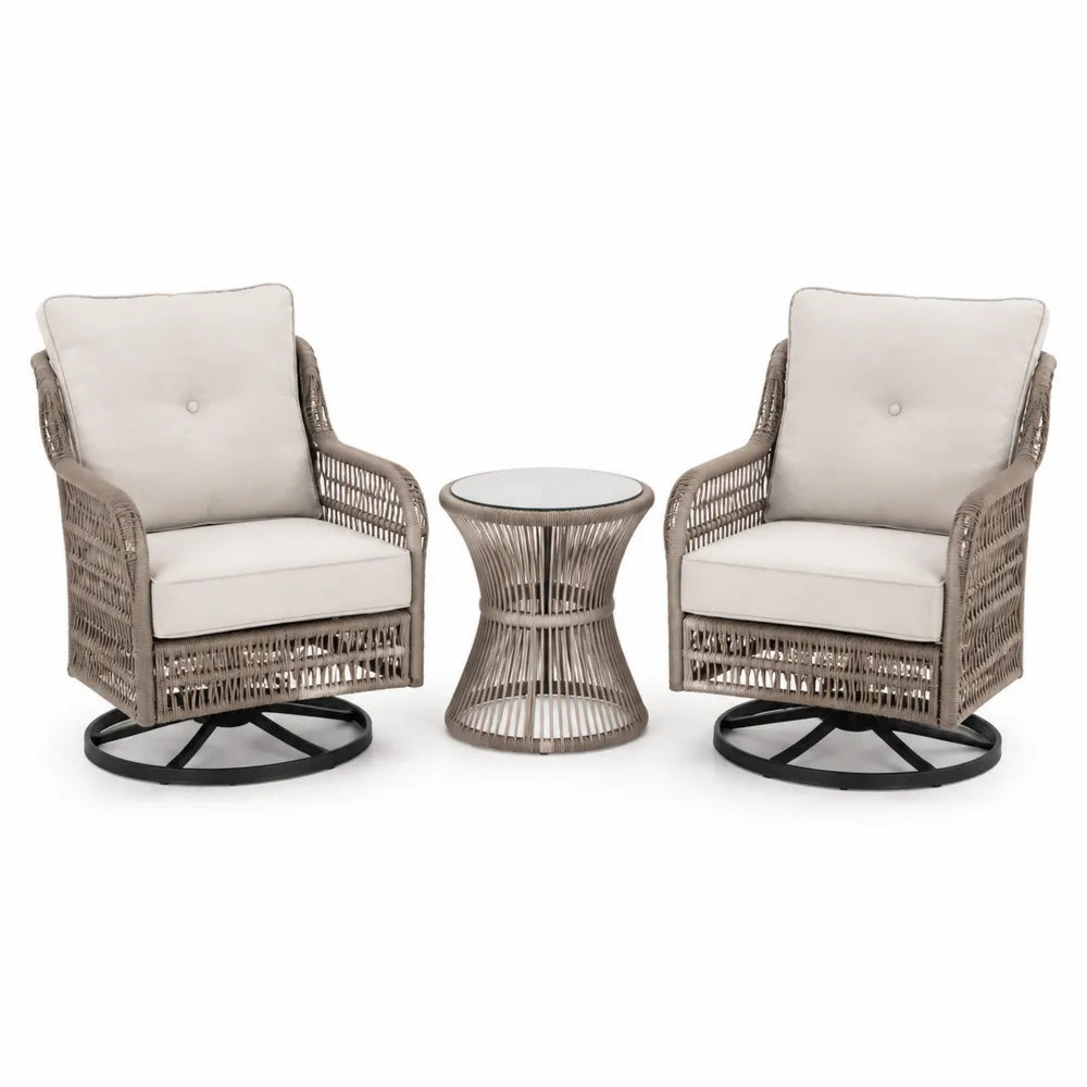 Zestaw ogrodowy 2 fotele obrotowe ze stolikiem szkło hartowane beżowy