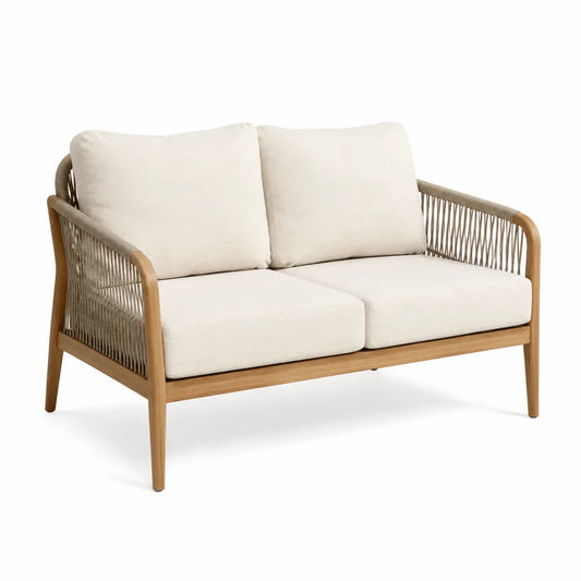 Dwuosobowa sofa z drewna tekowego i liny w kolorze ecru 150 cm