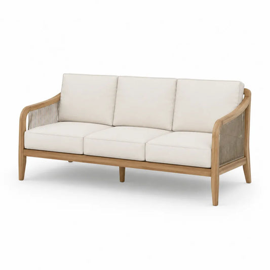 Beżowa sofa z drewna teak na zewnątrz z poduszkami poliestrowymi