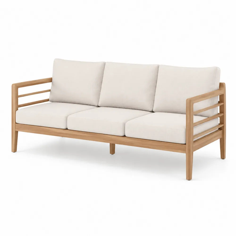 Drewniana sofa z poduszkami poliestrowymi beżowymi 200 cm