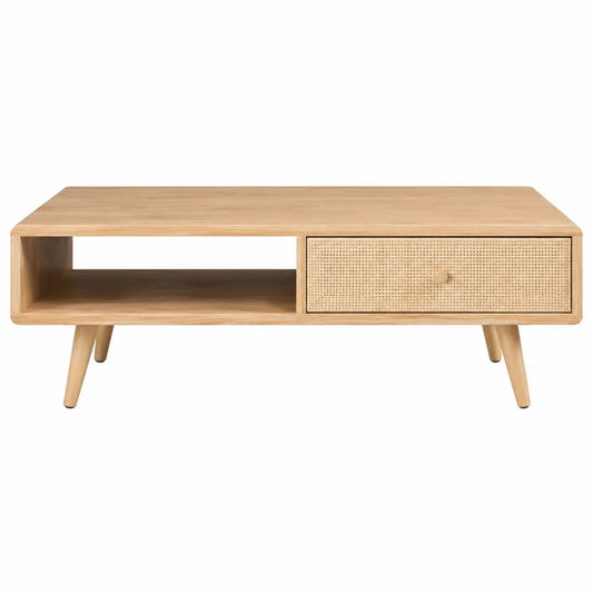 Stolik kawowy z drewna tekowego i rattanem, 120x60x40 cm