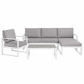 Aluminiowy zestaw mebli ogrodowych szary z poduszkami: sofa narożna, fotel, stolik kawowy
