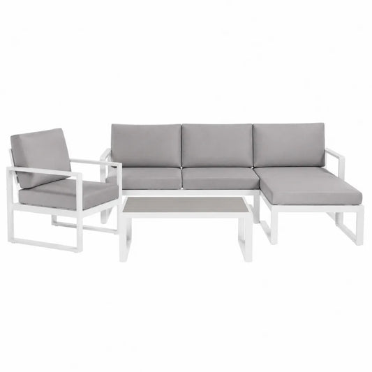 Aluminiowy zestaw mebli ogrodowych szary z poduszkami: sofa narożna, fotel, stolik kawowy