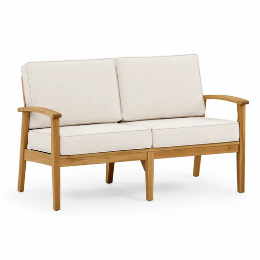 Dwuosobowa sofa ogrodowa z drewna tekowego z kremowymi poduszkami