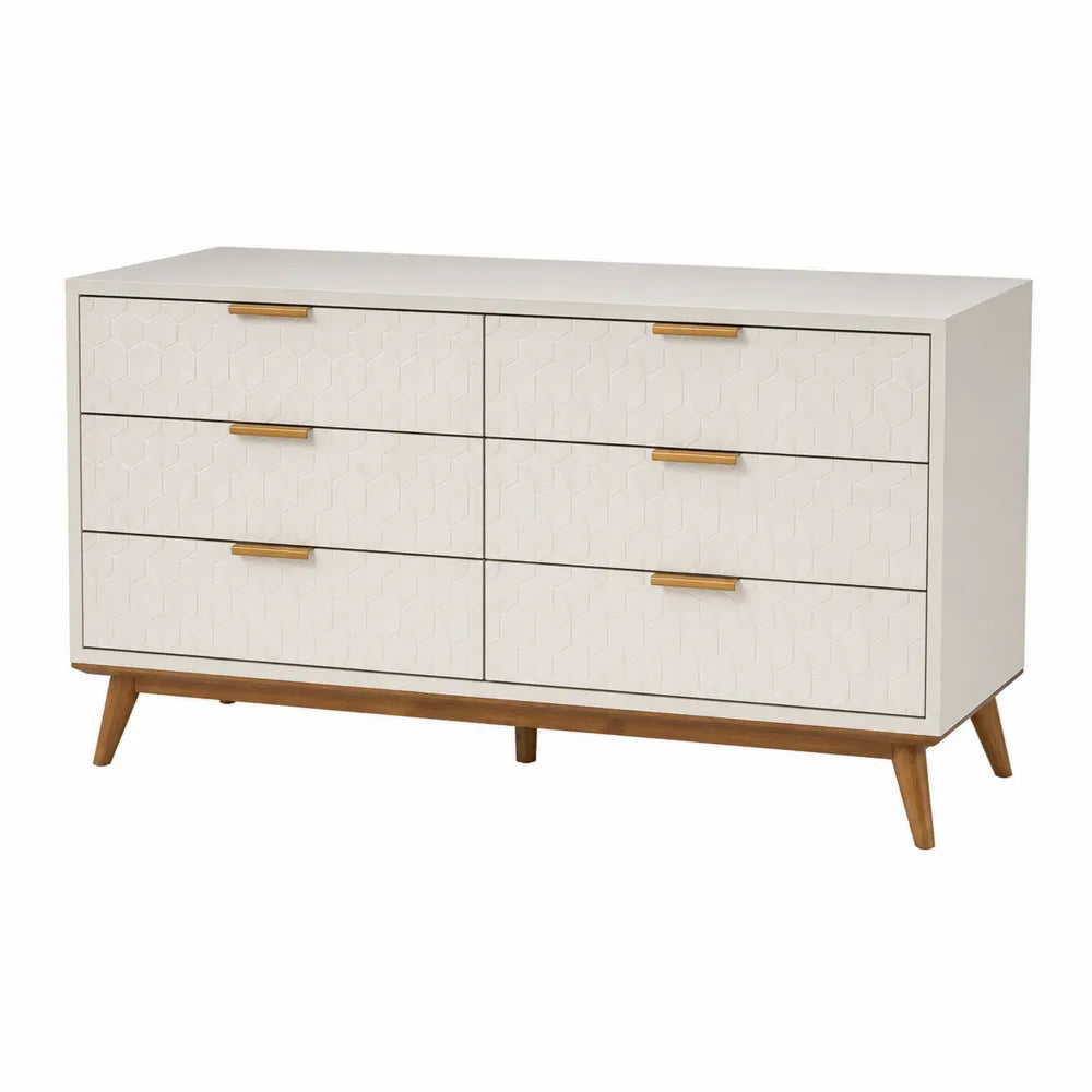 Komoda z 6 szufladami z MDF i drewna, biało-brązowa, 120x40x75 cm
