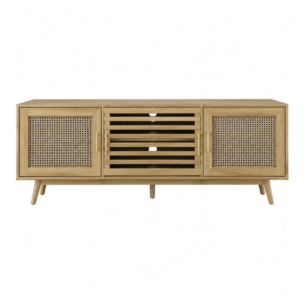 Komoda drewniana z drzwiami rattanowymi 150x40x50 cm w kolorze naturalnym