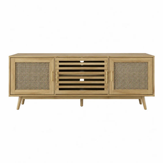 Komoda drewniana z drzwiami rattanowymi 150x40x50 cm w kolorze naturalnym