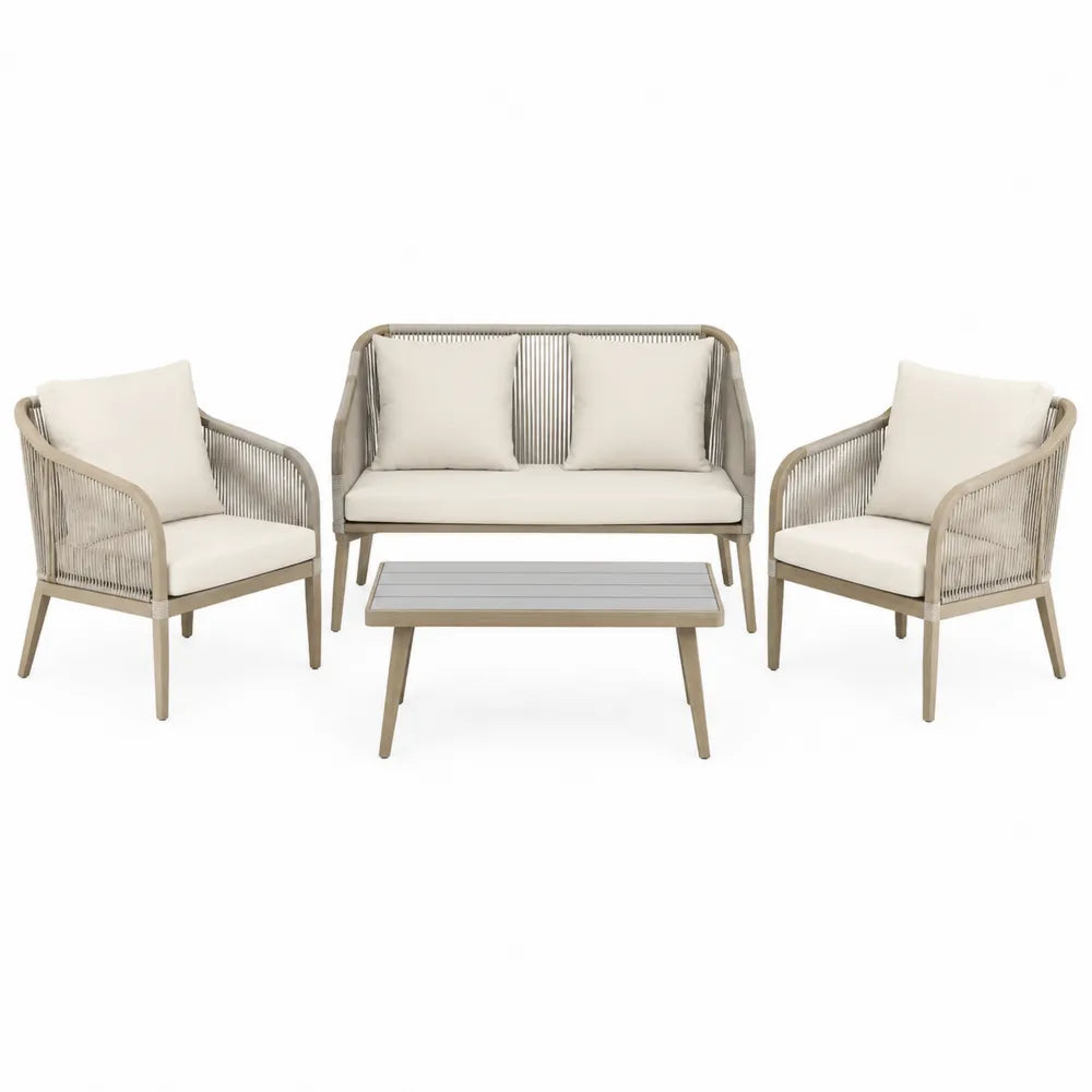 Zestaw mebli ogrodowych z 2 fotelami, sofą i stolikiem, aluminium/rattan, beżowy