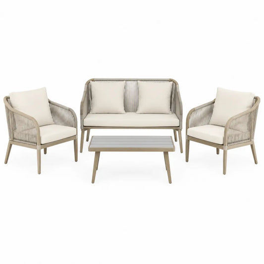Zestaw mebli ogrodowych z 2 fotelami, sofą i stolikiem, aluminium/rattan, beżowy