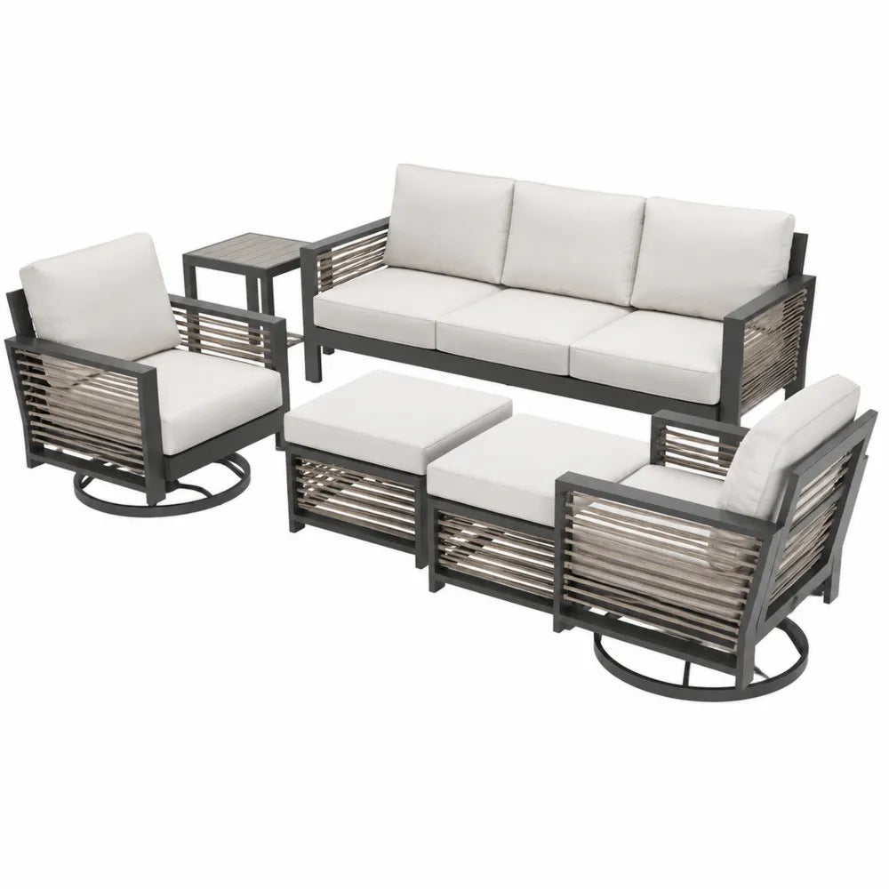 Zestaw mebli z aluminiową ramą i poliestrowymi poduszkami, szaro-beżowy, 3-osobowa sofa, 2 fotele, 2 pufy, stolik